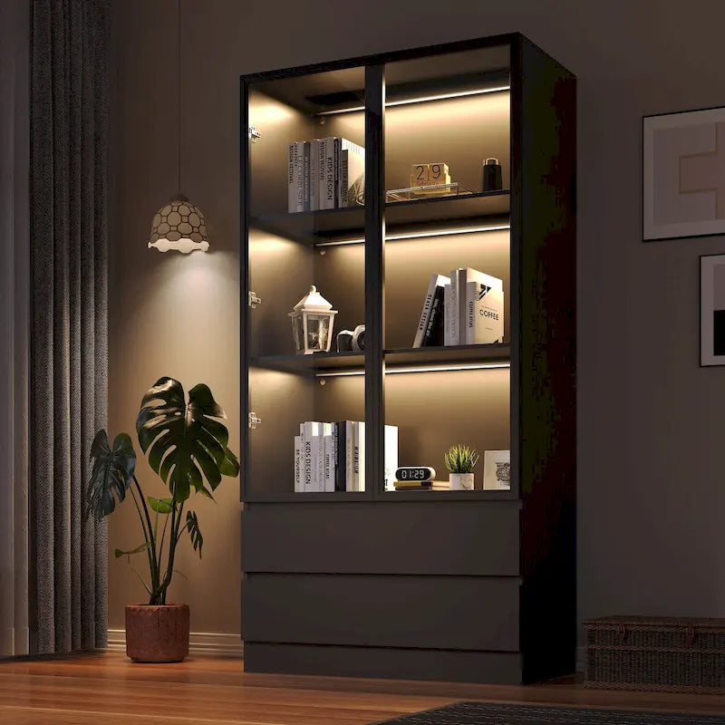 Vitrine de rangement, vitrine avec portes en verre trempé, vitrine avec 4 étagères de rangement