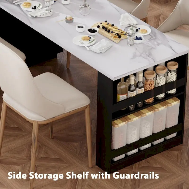 Îlot de cuisine en bois de 210 cm pour 4 à 6 personnes avec table à manger extensible et rangement double.