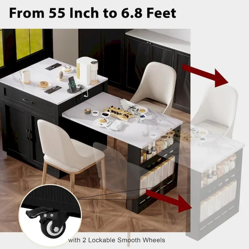 Îlot de cuisine en bois de 210 cm pour 4 à 6 personnes avec table à manger extensible et rangement double.