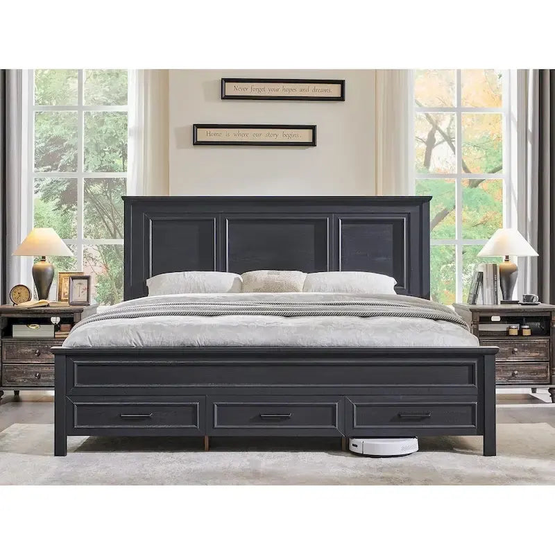 Cadre de lit en bois King Size de style ferme avec tête de lit, cadre de lit plateforme