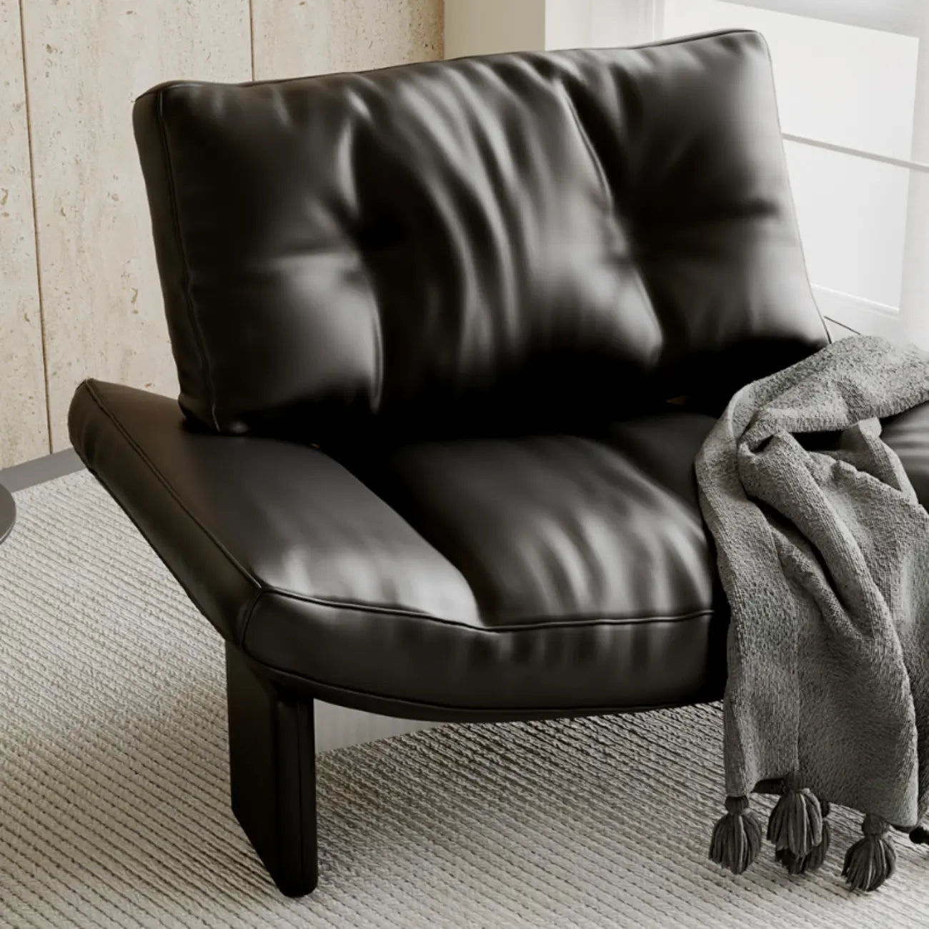 Fauteuil d'appoint contemporain en chenille noire capitonnée sans accoudoirs