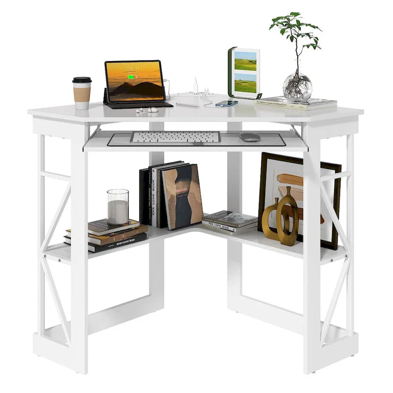 Bureau d'Angle Petit Bureau avec Prises, Table d'Angle pour Petit Espace, Bureau d'Ordinateur avec Ports USB, Bureau Triangle avec Rangement