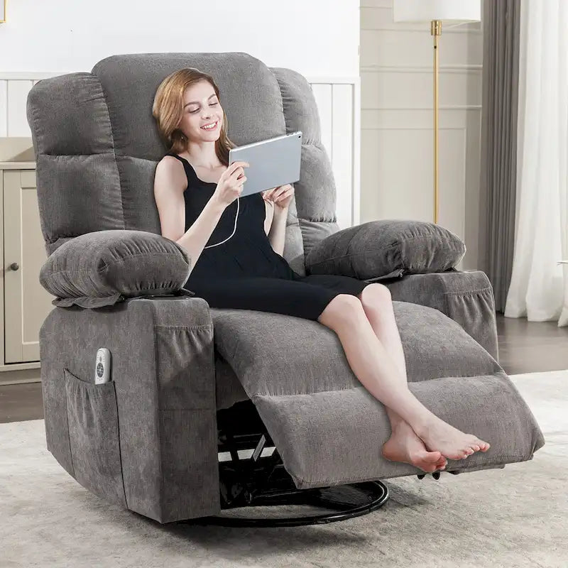 Fauteuil inclinable gris surdimensionné avec fonctions de chauffage et de massage, inclinaison à 150°, bascule à 30°, port USB pour la recharge et 2 porte-gobelets