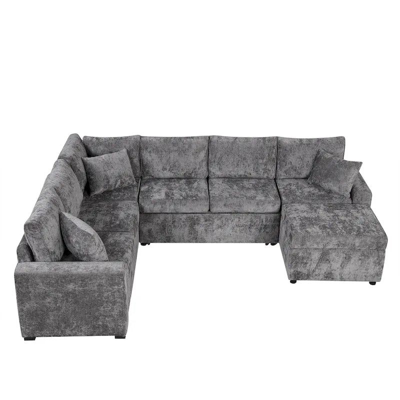 Canapé d'angle en chenille convertible, canapé-lit en forme de L avec pouf de rangement, 3 oreillers et dispositifs de charge