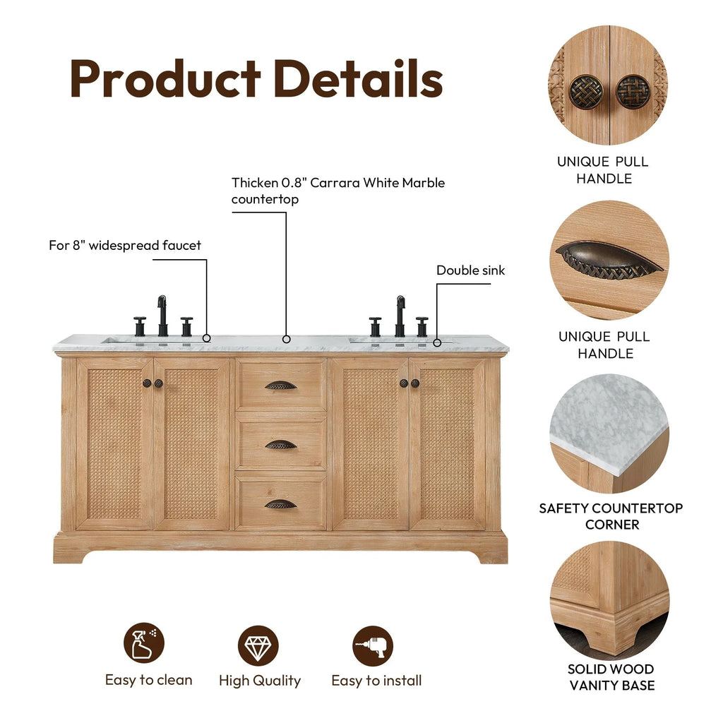 Meuble sous-vasque Hervas avec plateau en marbre naturel, sans miroir