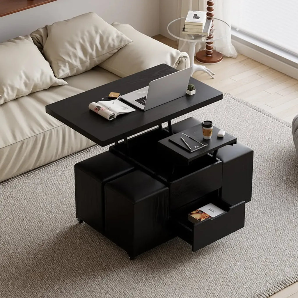 Table basse relevable pliable avec 4 tabourets et rangement