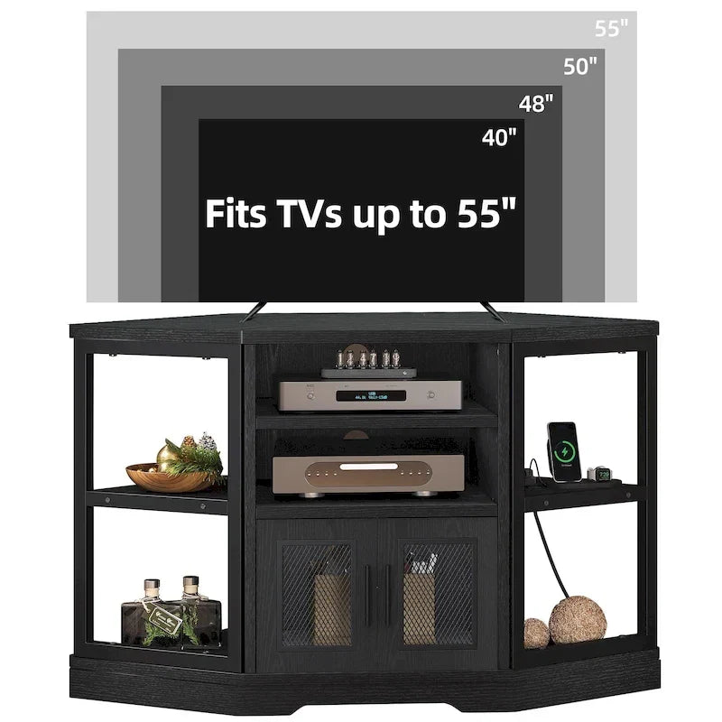 Meuble TV d'angle de ferme, meuble multimédia avec prise de courant pour téléviseurs jusqu'à 55 pouces