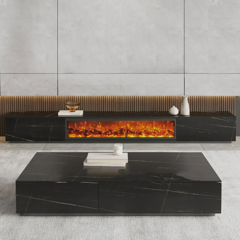 Meuble TV en pierre avec cheminée électrique noire et lumière, 87 cm de large