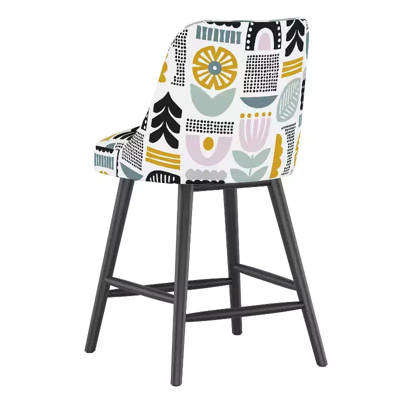 Tabouret de bar hauteur comptoir, motif lavande botanique, rembourré, structure en bois d'hévéa, hauteur d'assise 68,5 cm