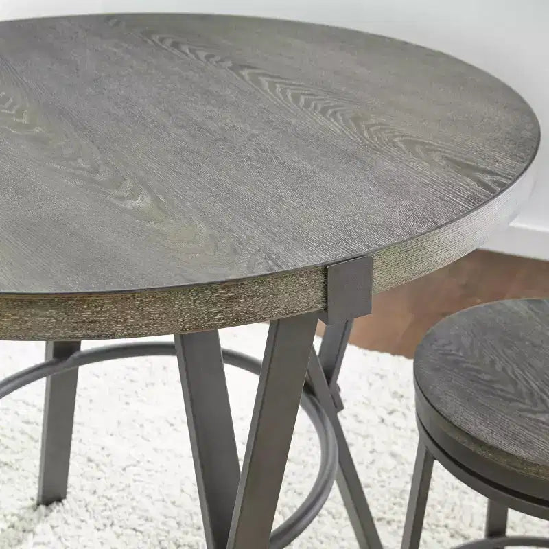 Table à manger ronde hauteur comptoir 42", placage bois gris délavé et base métallique