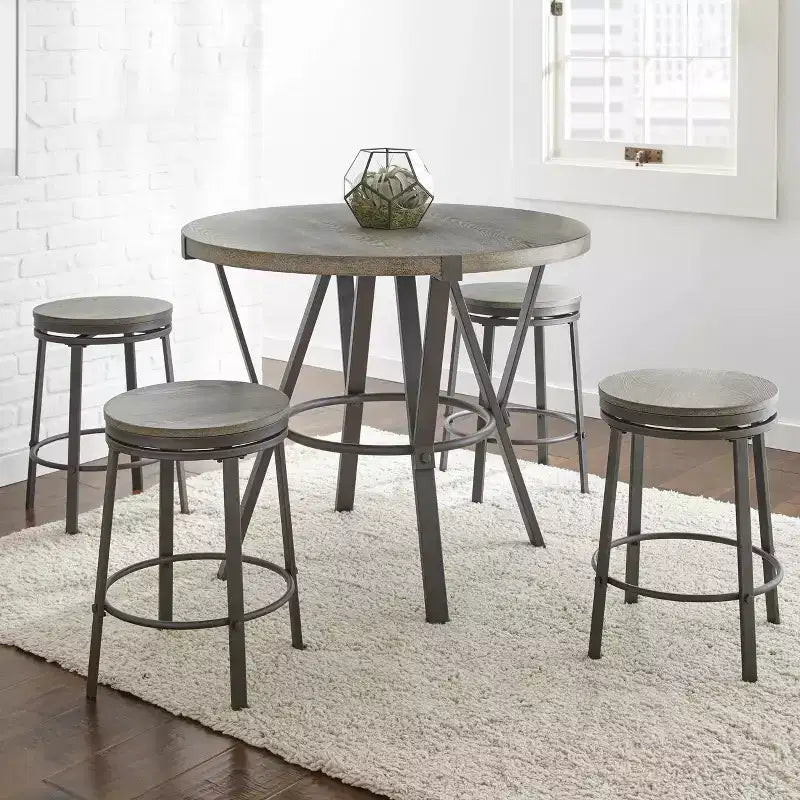 Table à manger ronde hauteur comptoir 42", placage bois gris délavé et base métallique