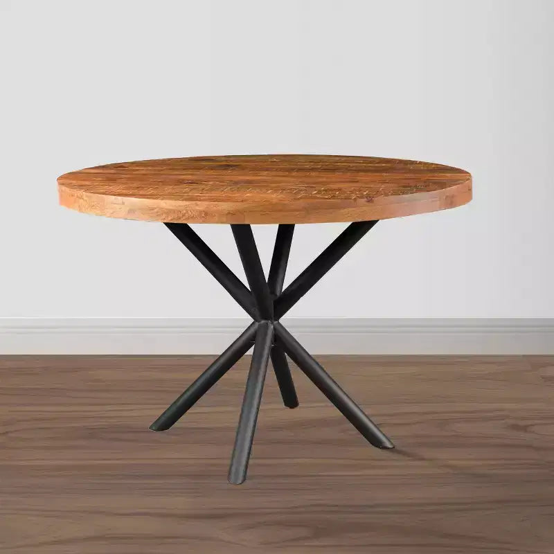 Table à manger ronde de 48" fabriquée à la main en bois de manguier avec pieds entrecroisés en fer