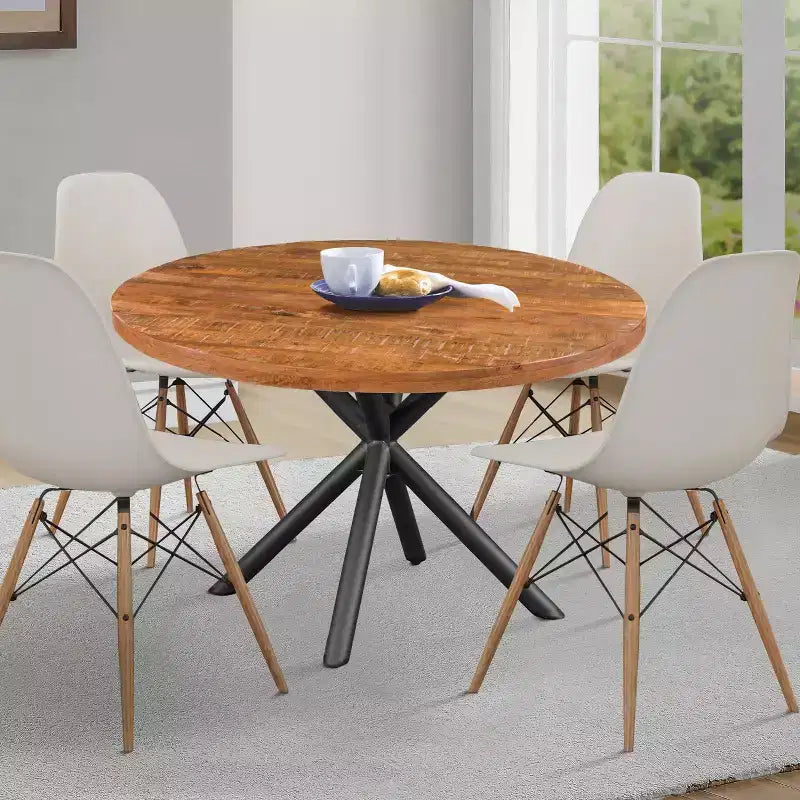 Table à manger ronde de 48" fabriquée à la main en bois de manguier avec pieds entrecroisés en fer