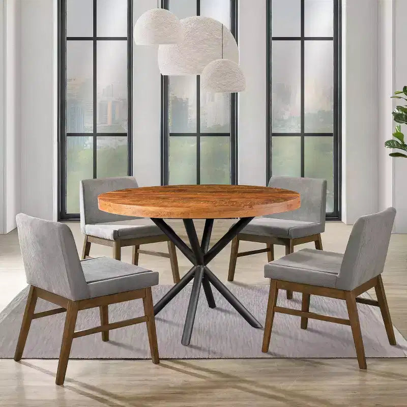 Table à manger ronde de 48" fabriquée à la main en bois de manguier avec pieds entrecroisés en fer