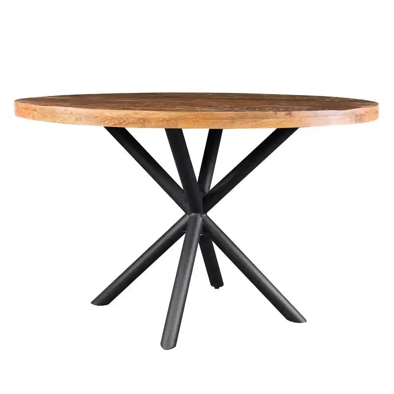 Table à manger ronde de 48" fabriquée à la main en bois de manguier avec pieds entrecroisés en fer