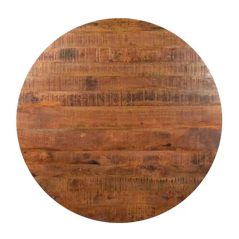 Table à manger ronde de 48" fabriquée à la main en bois de manguier avec pieds entrecroisés en fer