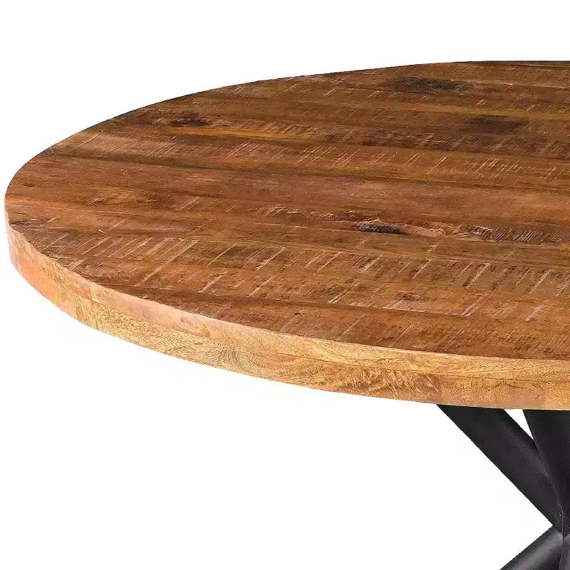 Table à manger ronde de 48" fabriquée à la main en bois de manguier avec pieds entrecroisés en fer