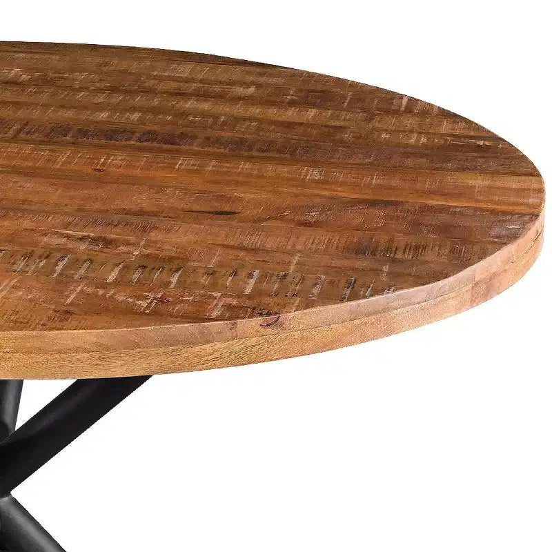 Table à manger ronde de 48" fabriquée à la main en bois de manguier avec pieds entrecroisés en fer