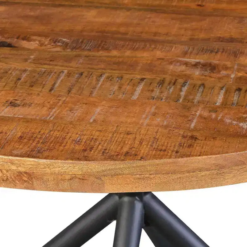 Table à manger ronde de 48" fabriquée à la main en bois de manguier avec pieds entrecroisés en fer
