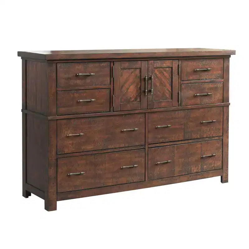 Commode de chambre 8 tiroirs avec meuble de rangement, finition noyer rustique