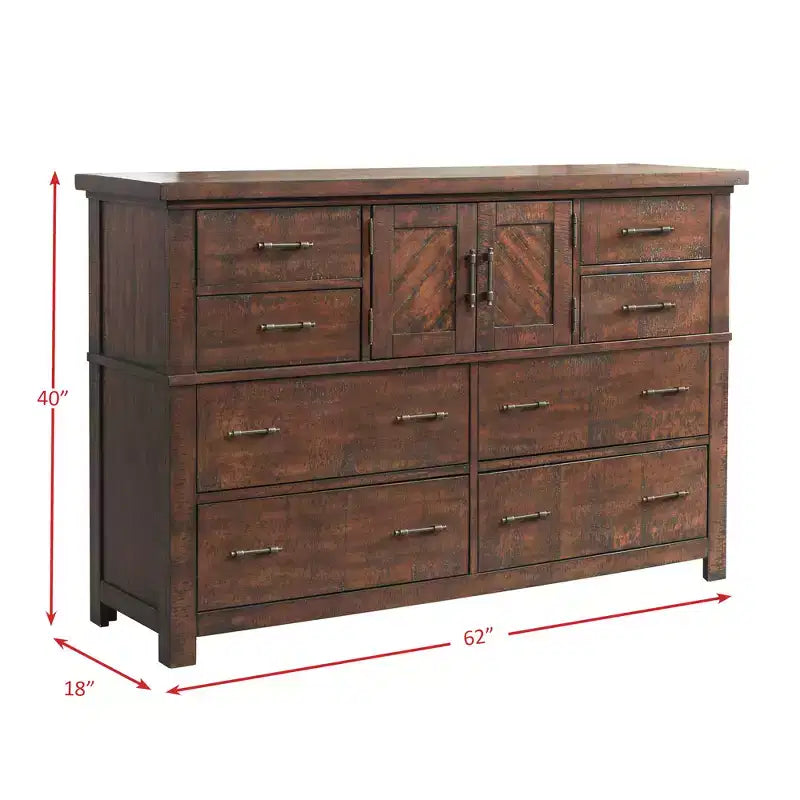 Commode de chambre 8 tiroirs avec meuble de rangement, finition noyer rustique
