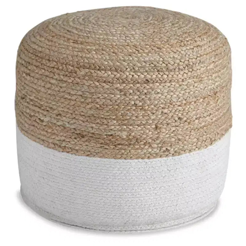 Pouf rond tressé en jute, naturel/blanc, 48 cm