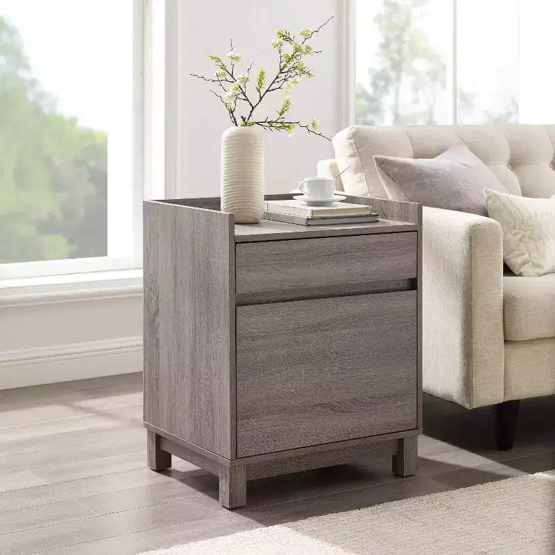 Armoire de classement latérale moderne avec 1 tiroir classeur et 1 petit tiroir, bois gris
