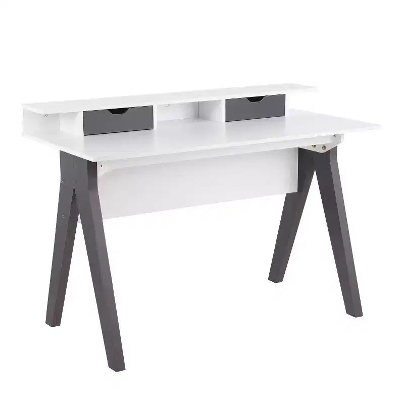 LumiSource Wishbone Contemporary Computer Desk Wood Gray/White:: Mid-Century Modern Office Workstation with Storage Drawer & Shelf