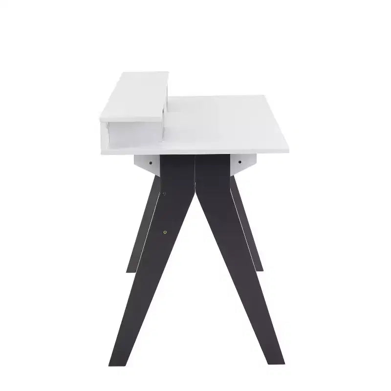 Bureau d'ordinateur moderne du milieu du siècle avec tiroir de rangement et étagère, bois gris/blanc