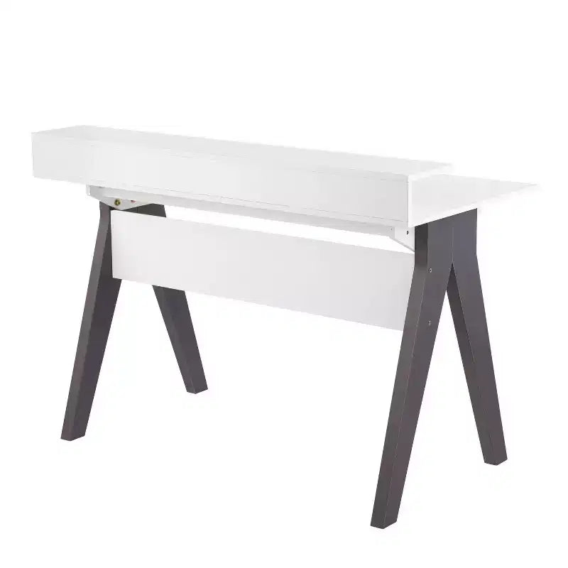 Bureau d'ordinateur moderne du milieu du siècle avec tiroir de rangement et étagère, bois gris/blanc