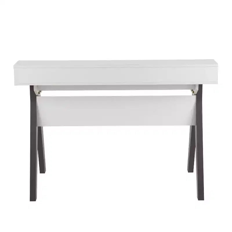 Bureau d'ordinateur moderne du milieu du siècle avec tiroir de rangement et étagère, bois gris/blanc