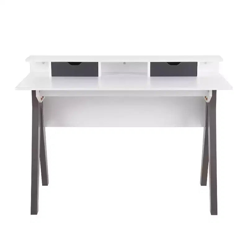 Bureau d'ordinateur moderne du milieu du siècle avec tiroir de rangement et étagère, bois gris/blanc