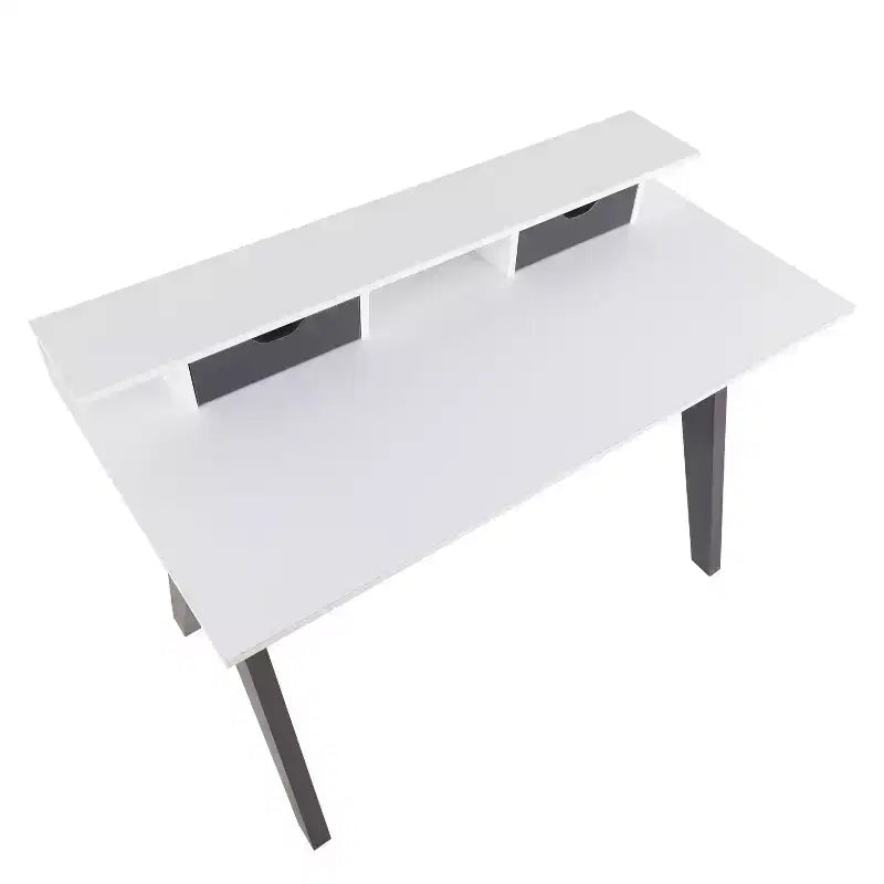 Bureau d'ordinateur moderne du milieu du siècle avec tiroir de rangement et étagère, bois gris/blanc
