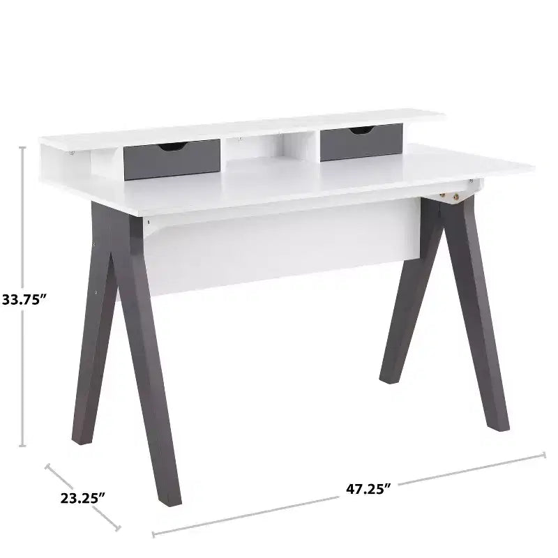 Bureau d'ordinateur moderne du milieu du siècle avec tiroir de rangement et étagère, bois gris/blanc
