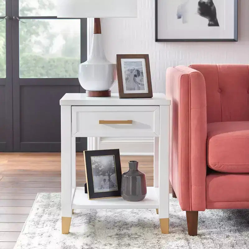 Table d'appoint de style Mid-Century avec tiroir de rangement et étagère inférieure, blanche