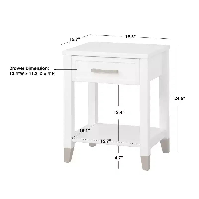 Table d'appoint de style Mid-Century avec tiroir de rangement et étagère inférieure, blanche