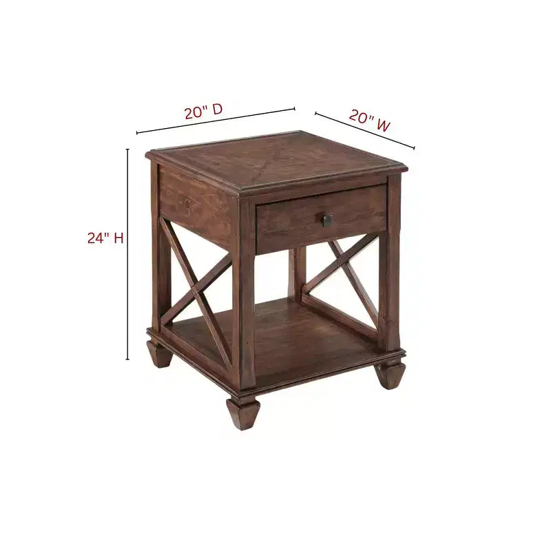 Table d'appoint carrée en pin de 21 po avec tiroir et étagère de présentation, fini cerisier