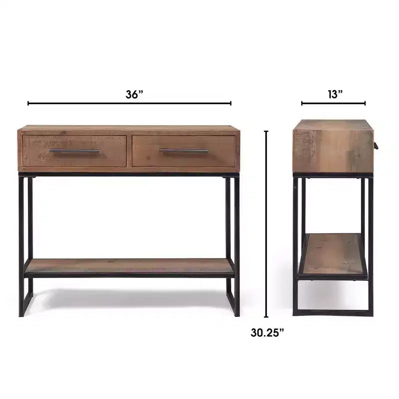 Console d'entrée de 36 po avec 2 tiroirs et étagère inférieure, en bois et métal patinés