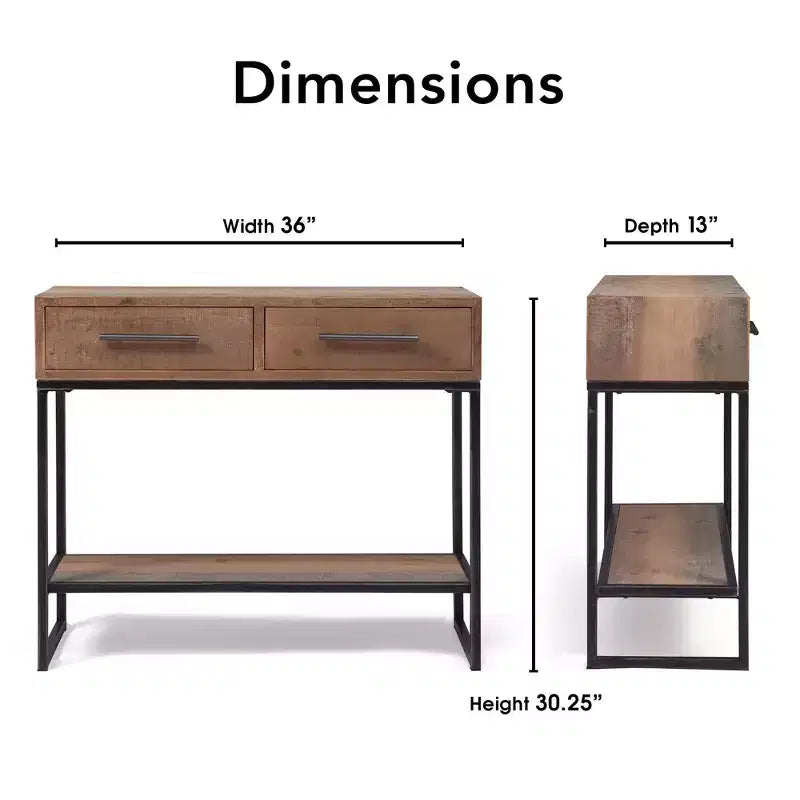 Console d'entrée de 36 po avec 2 tiroirs et étagère inférieure, en bois et métal patinés