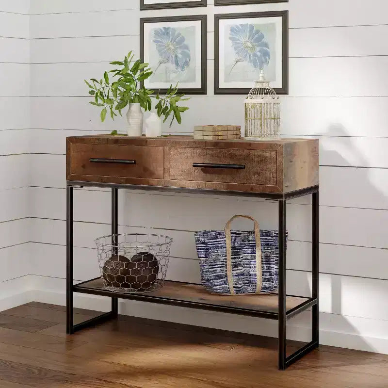 Console d'entrée de 36 po avec 2 tiroirs et étagère inférieure, en bois et métal patinés