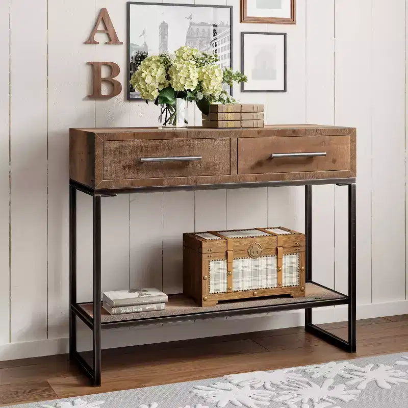 Console d'entrée de 36 po avec 2 tiroirs et étagère inférieure, en bois et métal patinés