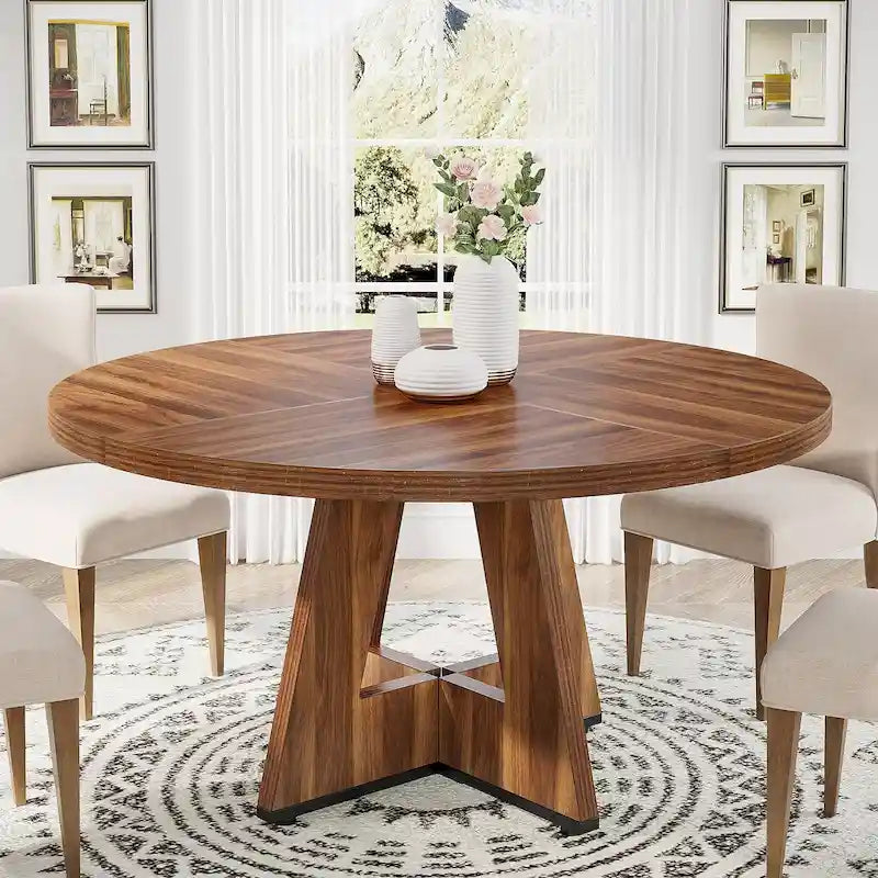 Table à manger ronde de 120 cm pour 4 personnes, table de salle à manger/cuisine/salon en bois style ferme