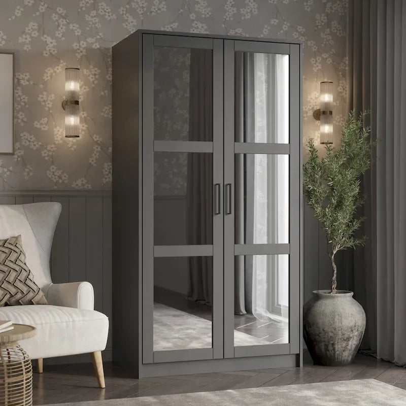 Armoire urbaine à 2 portes 100 % en bois massif avec portes pleines et portes miroir