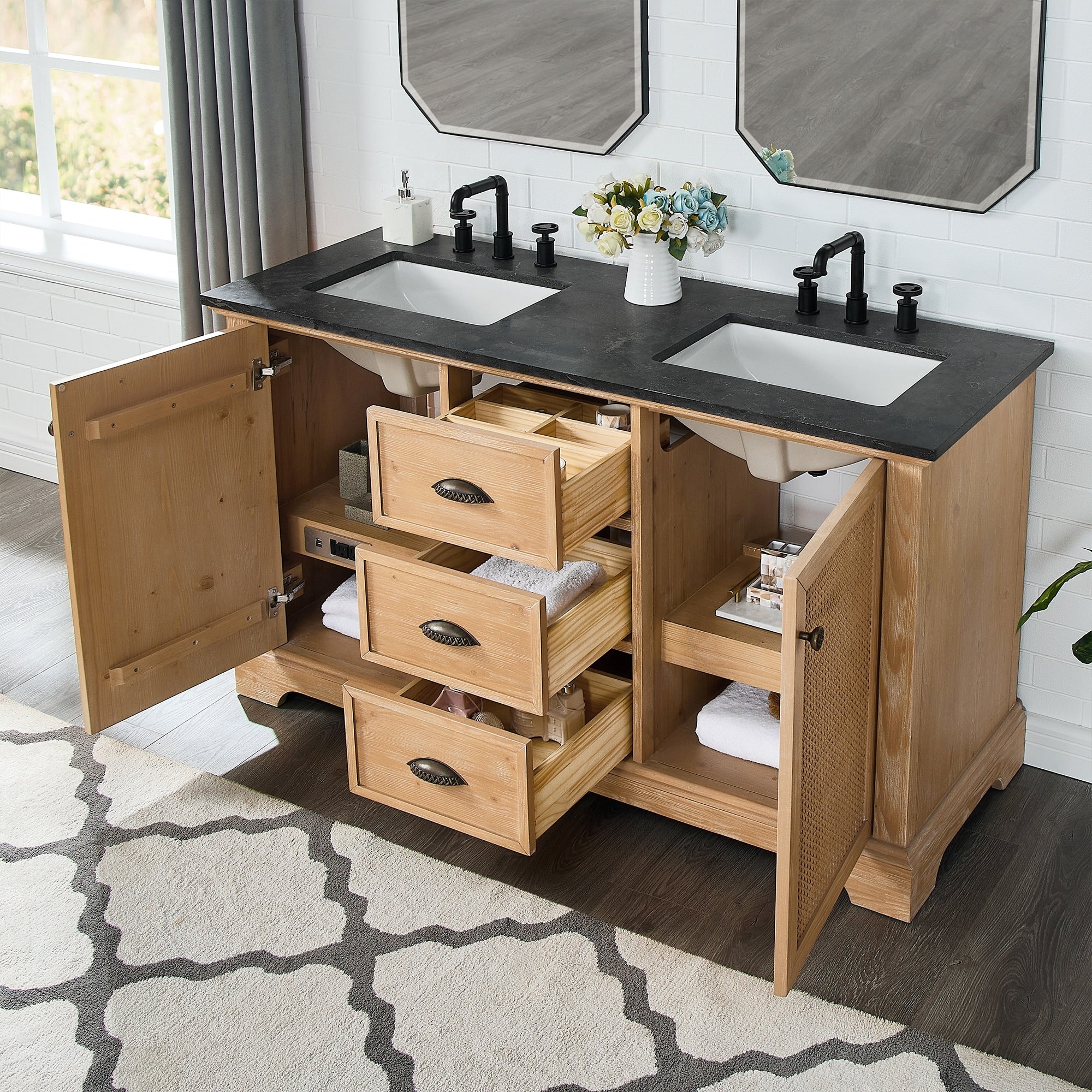 Meuble sous-vasque Hervas avec plateau en marbre naturel, sans miroir