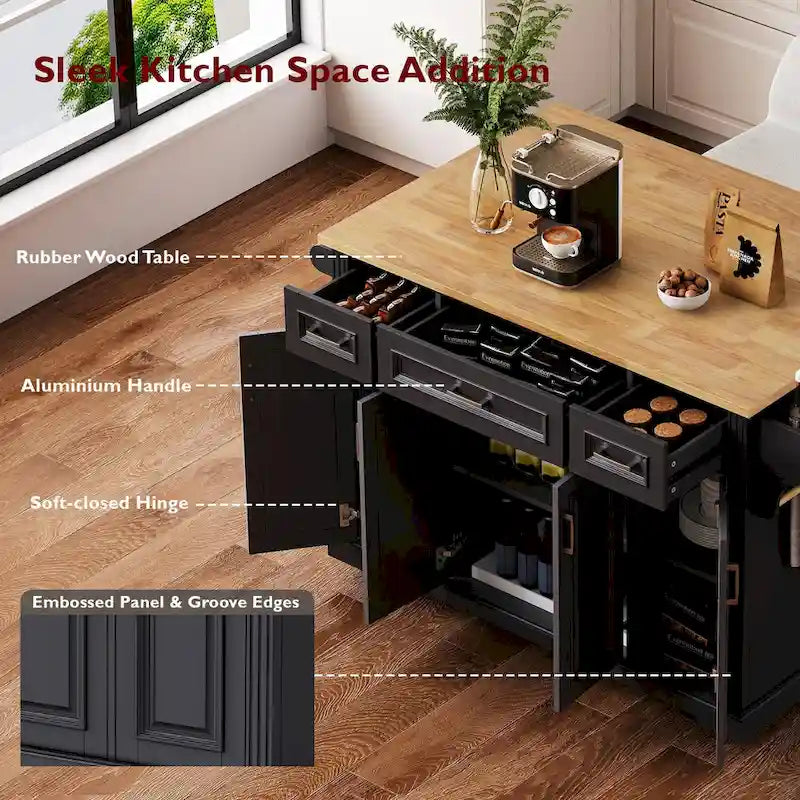54 Grand îlot de cuisine avec plateau rabattable en bois d'hévéa, chariot de cuisine roulant à texture gaufrée sur 4 roues avec 4 portes et 3 tiroirs