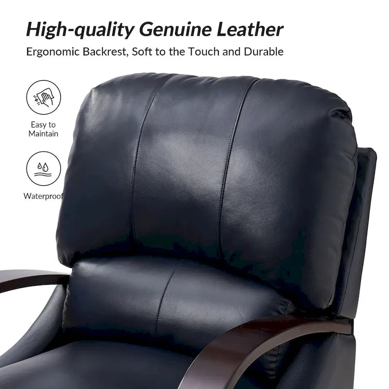 Fauteuil inclinable manuel Alex Mid-century Modern Cigar en cuir véritable avec accoudoirs incurvés en bois