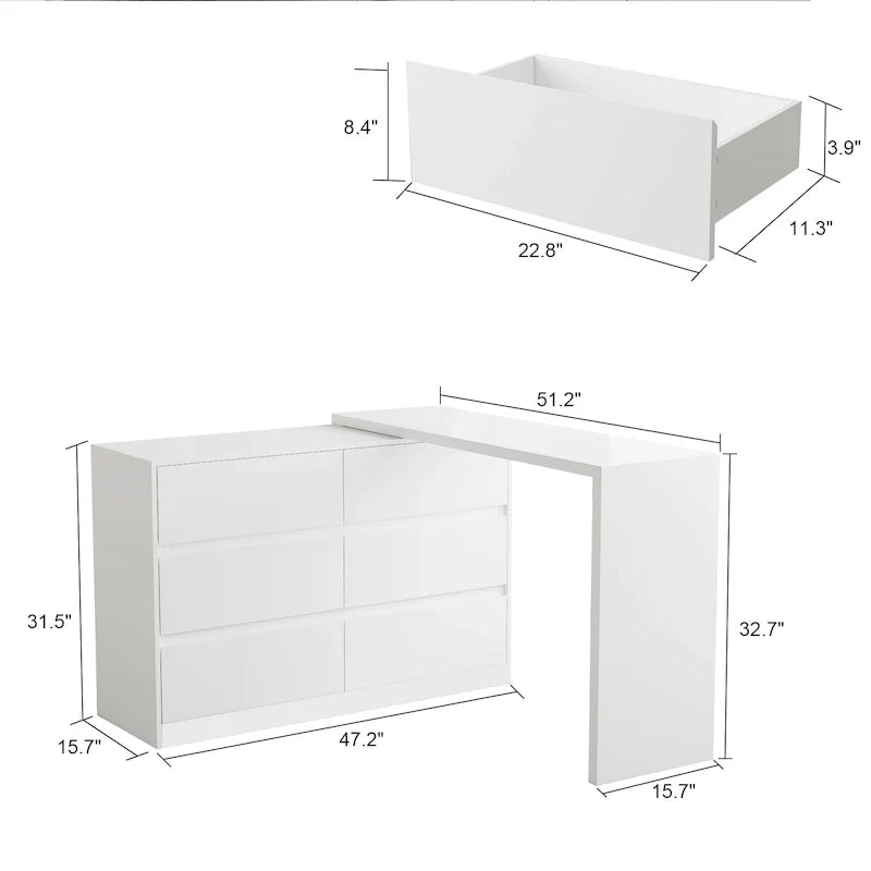 Commode pivotante 32,7H et bureau coiffeuse 6 tiroirs Blanc/Noir