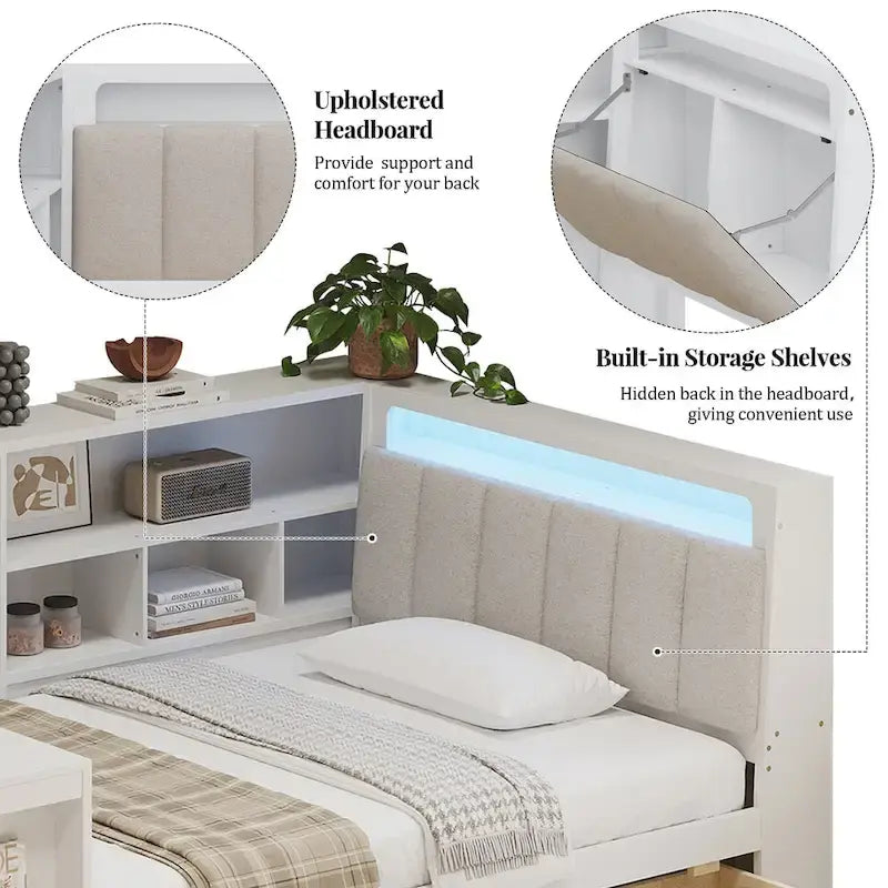 Canapé-lit d'angle en bois en forme de L avec bureau, bibliothèque, lit d'angle avec tiroirs de rangement, tête de lit rembourrée et éclairage intégré