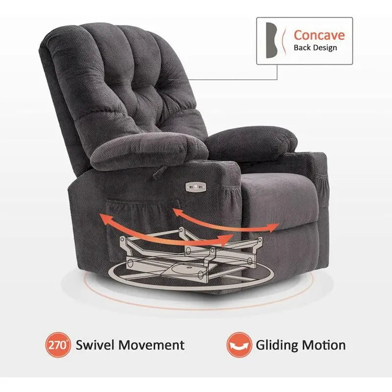Fauteuil inclinable, pivotant et coulissant électrique avec porte-gobelets et ports USB, en tissu, une place