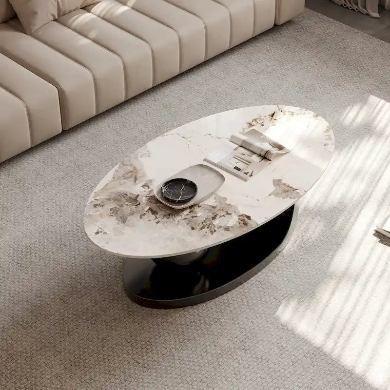 Table basse ovale moderne Pandora 51 avec plateau en pierre frittée brillante, table basse de luxe, pieds en acier inoxydable pour salon
